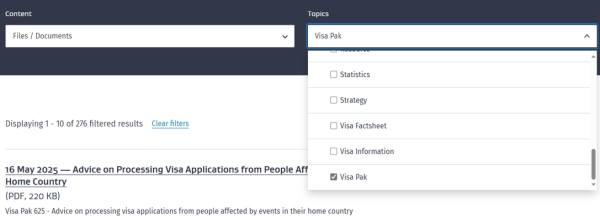 Image showing screenshot on where to find Visa Pak on the new Immigration New Zealand (INZ) website.